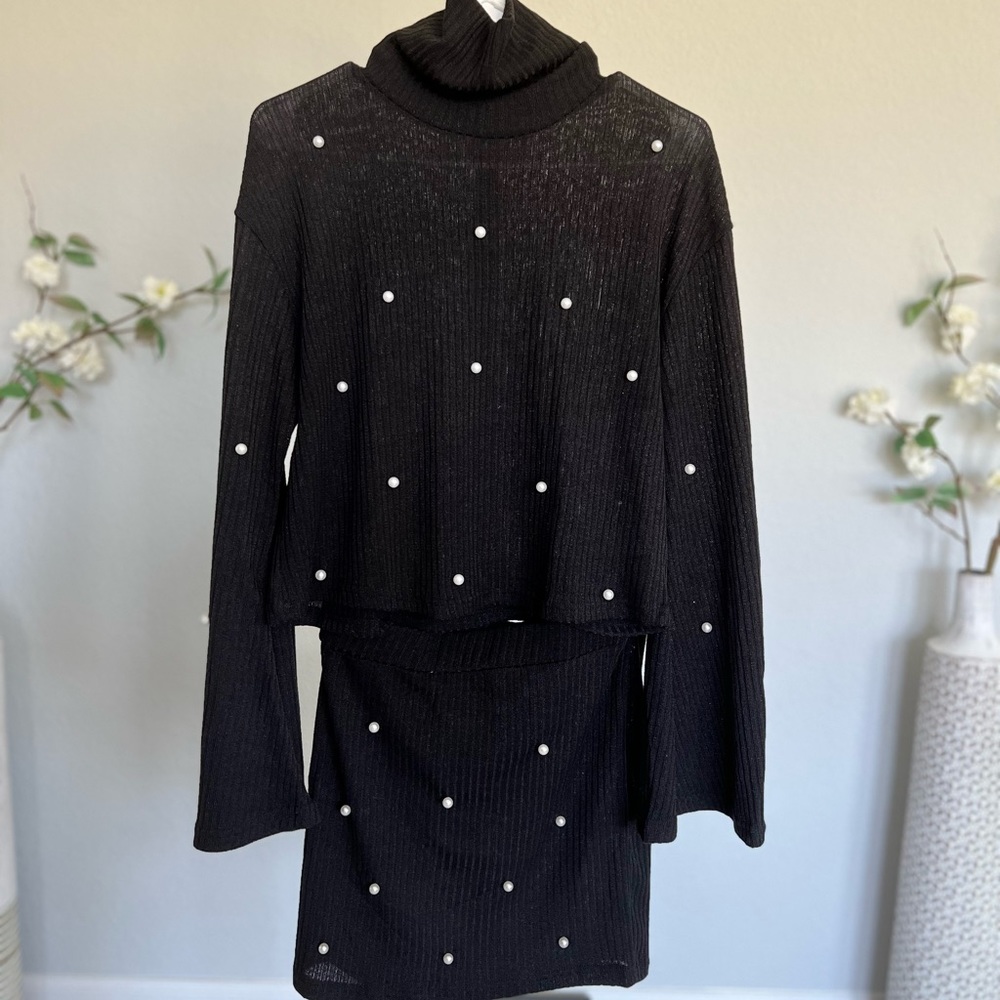 Pearl beading bell sleeve top and skirt set- High Waist- Mini skirt - turtleneck